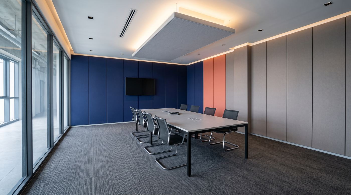 Same meeting room after an acoustic ceiling cloud, fabric wall panels and carpet